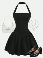 Halter Neck A-Line Mini Dress with Gathered Waist and Flared Hem
