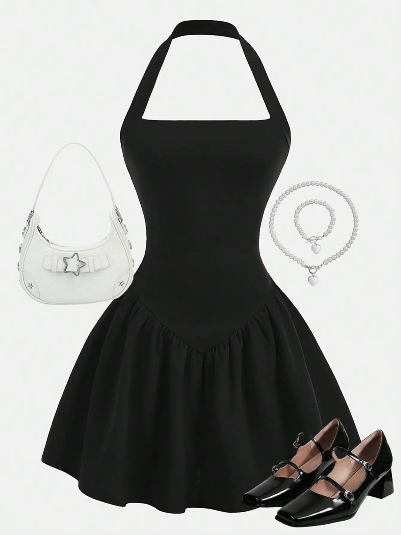 Halter Neck A-Line Mini Dress with Gathered Waist and Flared Hem