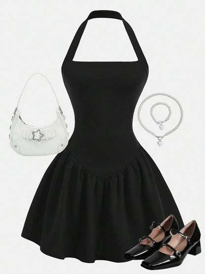 Halter Neck A-Line Mini Dress with Gathered Waist and Flared Hem