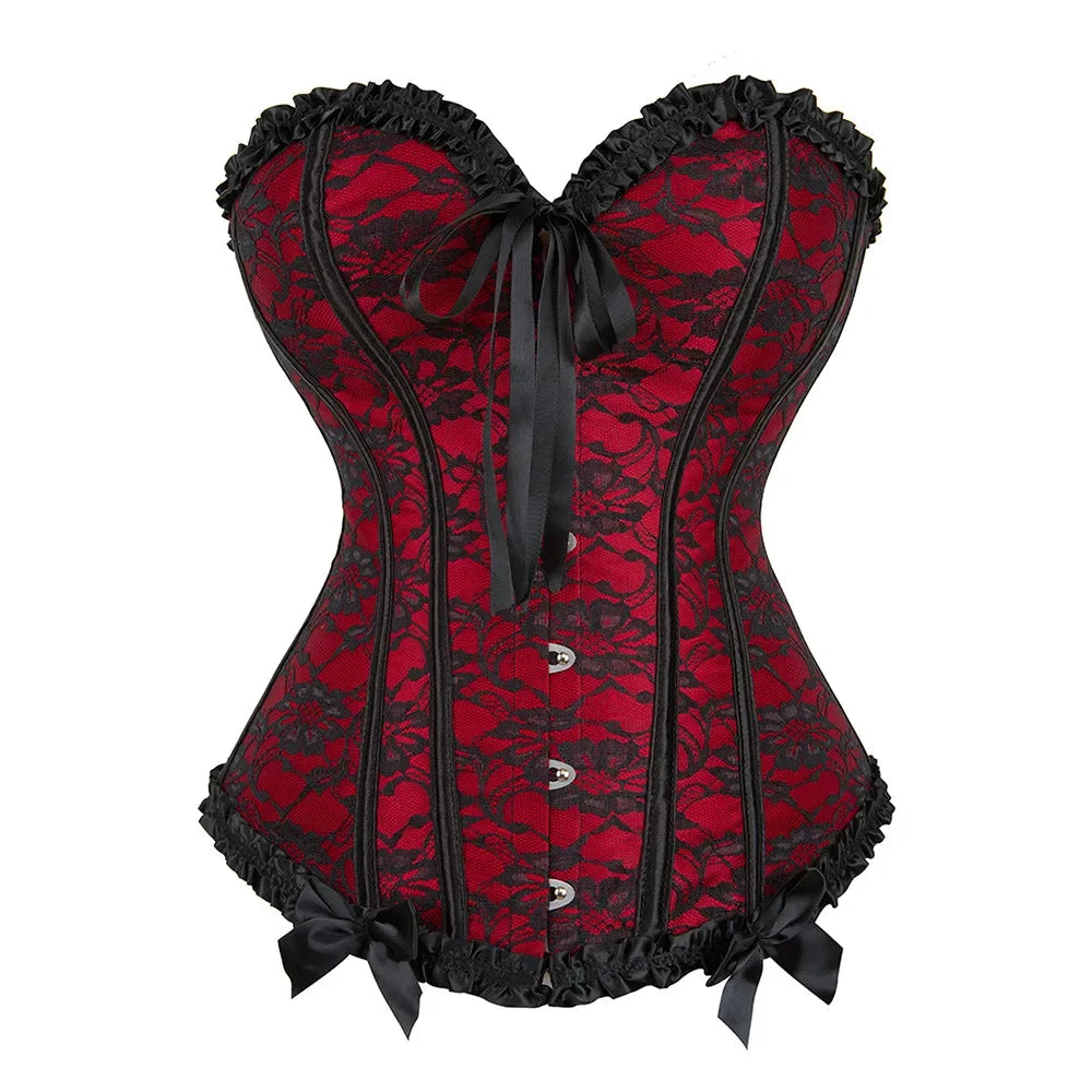 Floral Lace Overbust Corset with Structured Boning and Decorative Bow Detail