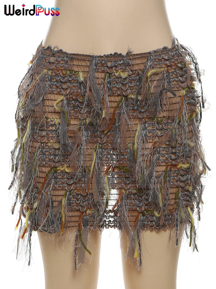 Textured Fringe Mini Skirt with Layered Tassel Festival Fashion Design