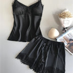 Sleek Satin-Finish Black Camisole and Shorts Sleep Set with Delicate Lace Trim