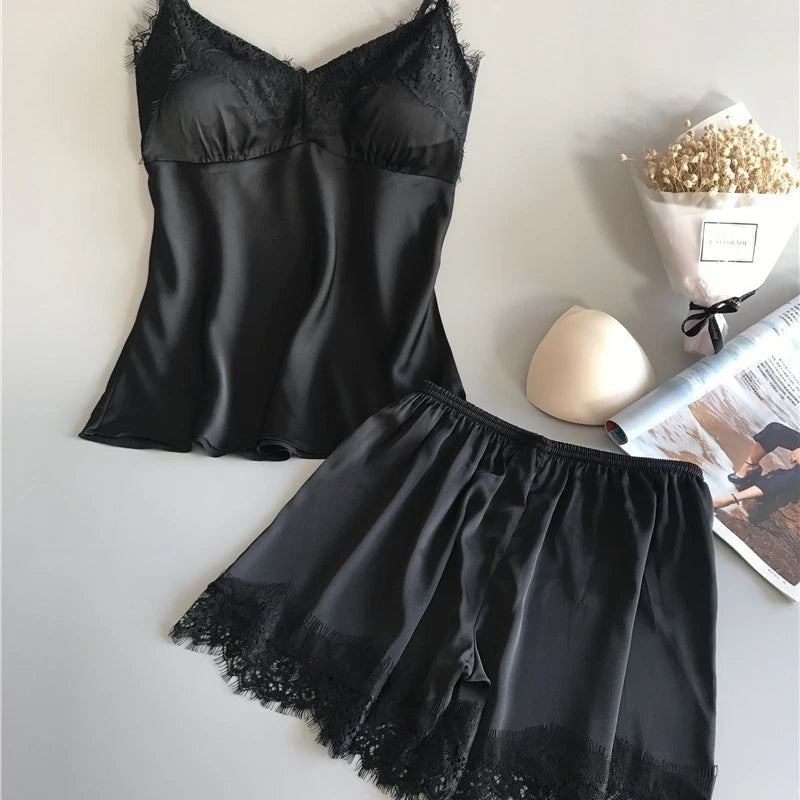 Sleek Satin-Finish Black Camisole and Shorts Sleep Set with Delicate Lace Trim