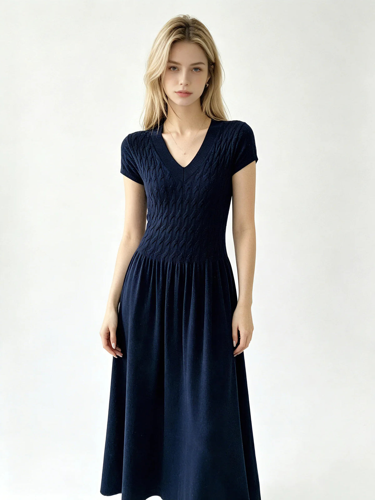 Elegant Short-Sleeve Smocked A-Line Midi Dress in Classic Black