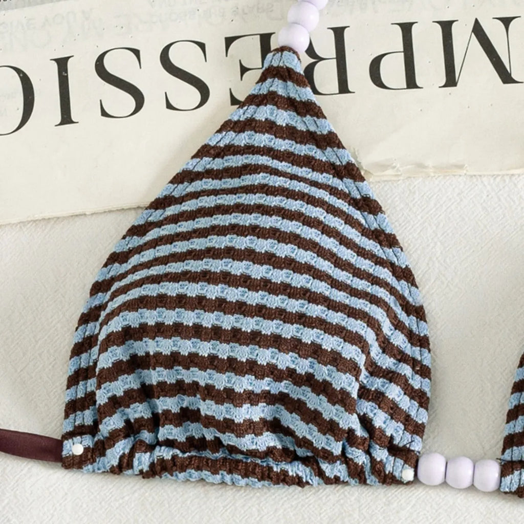 Three-Piece Striped Halter Bikini Set with Matching Swim Shorts