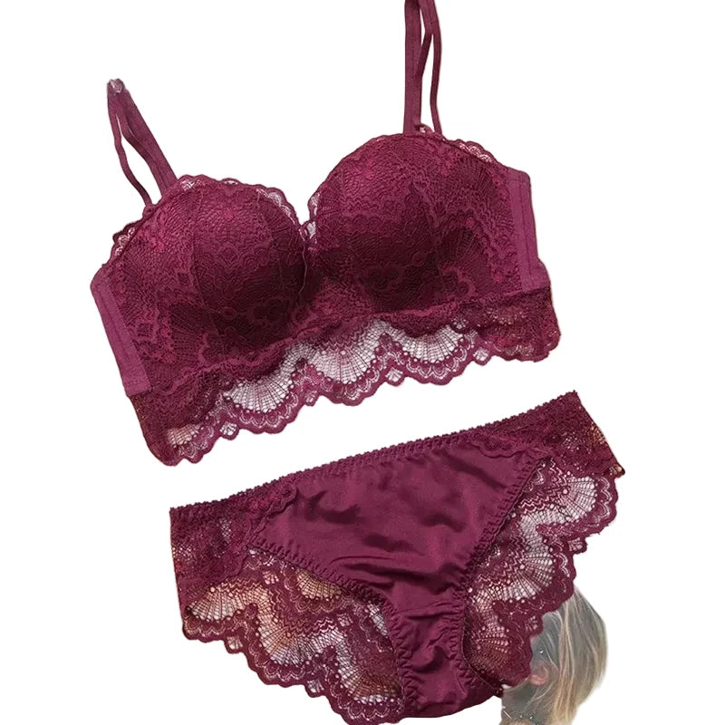Rich Burgundy Scalloped Lace Wire-Free Push-Up Bralette Set