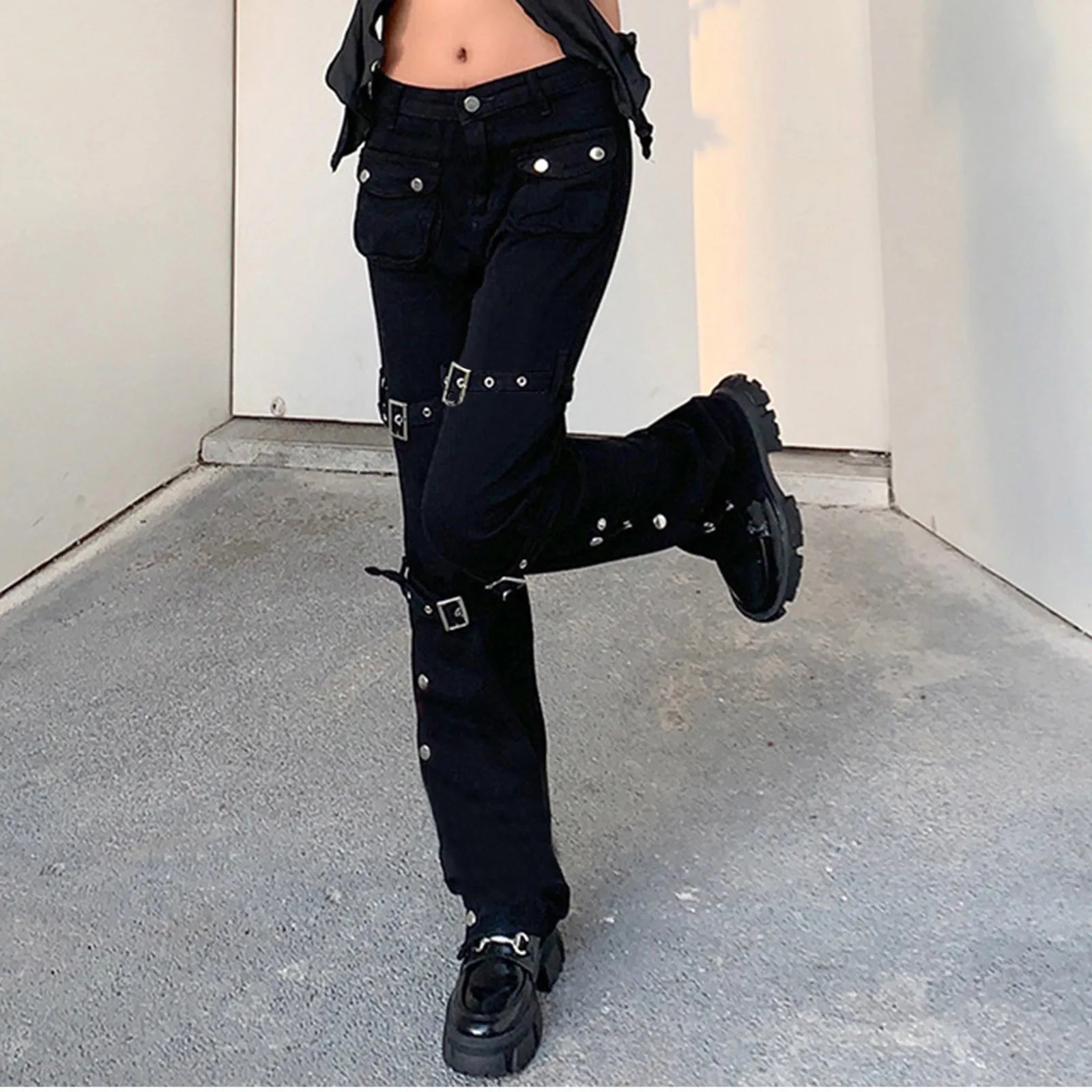 Women's Low Rise Straight Leg Utility Pants with Metal Hardware and Streetwear Style