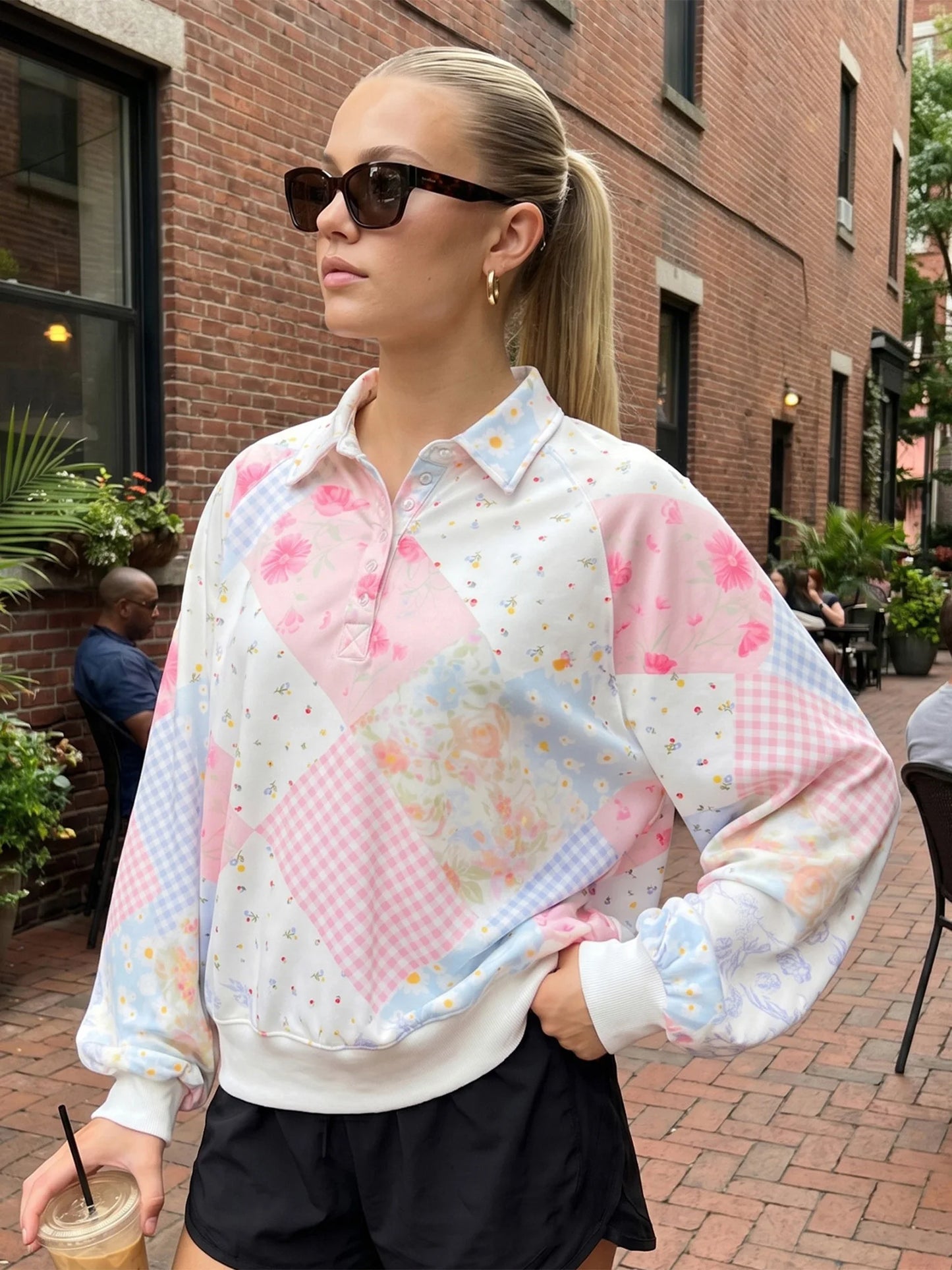 Women's Floral Print Quarter Button Pullover with Relaxed Fit for Casual Everyday Style