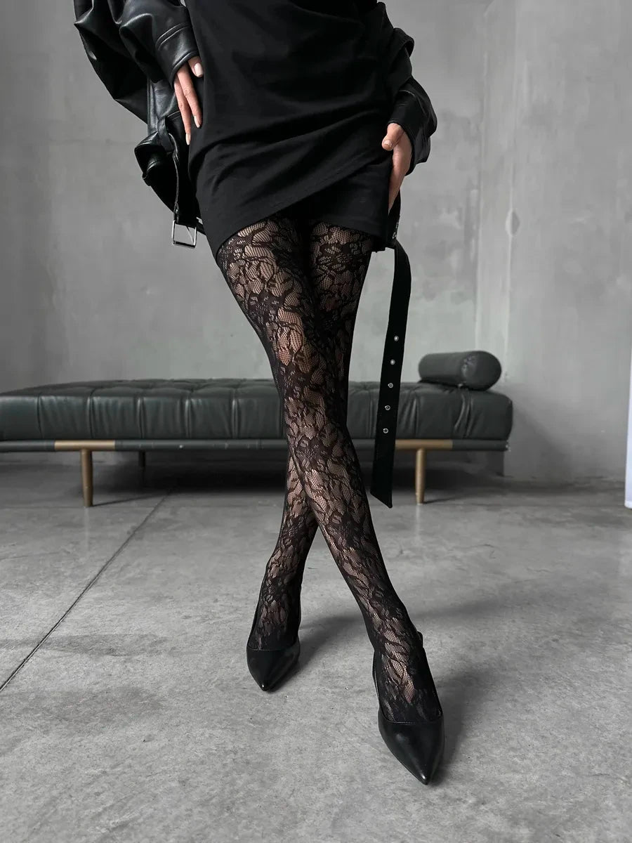 Floral Pattern Fishnet Tights Gothic Inspired Alternative Fashion Hosiery