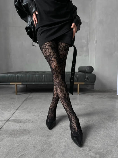 Floral Pattern Fishnet Tights Gothic Inspired Alternative Fashion Hosiery