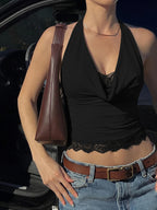 Ruched Halter Lace Crop Top with Open Back Contemporary Party Streetwear Style