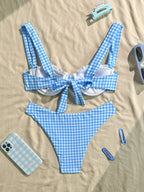 Blue Gingham Balconette Bikini Set with Wide Shoulder Straps