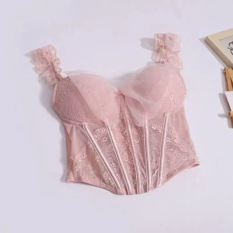 Soft Pink Floral Lace Bustier Tank Top with Ruffled Straps and Center Bow