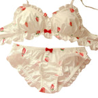 Whimsical Strawberry Print Ruffled Underwire Bra and Panty Set
