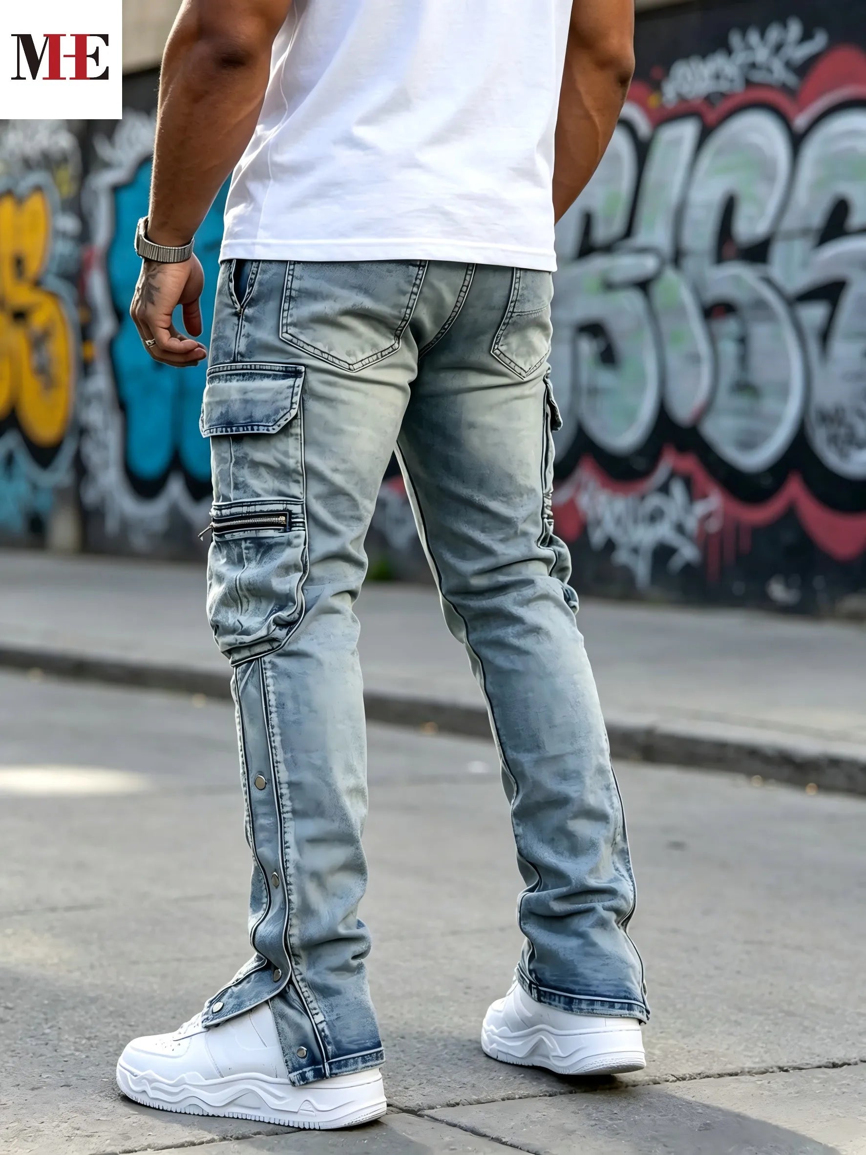 Men's Vintage Wash Flared Denim Jeans with Distressed Details and Zip Hem Design