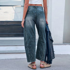Women's Mid Rise Cropped Barrel Leg Stretch Denim Jeans with Relaxed Streetwear Fit
