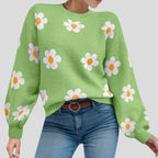 Floral Pattern Knit Pullover Sweater with Ribbed Trim and Relaxed Fit