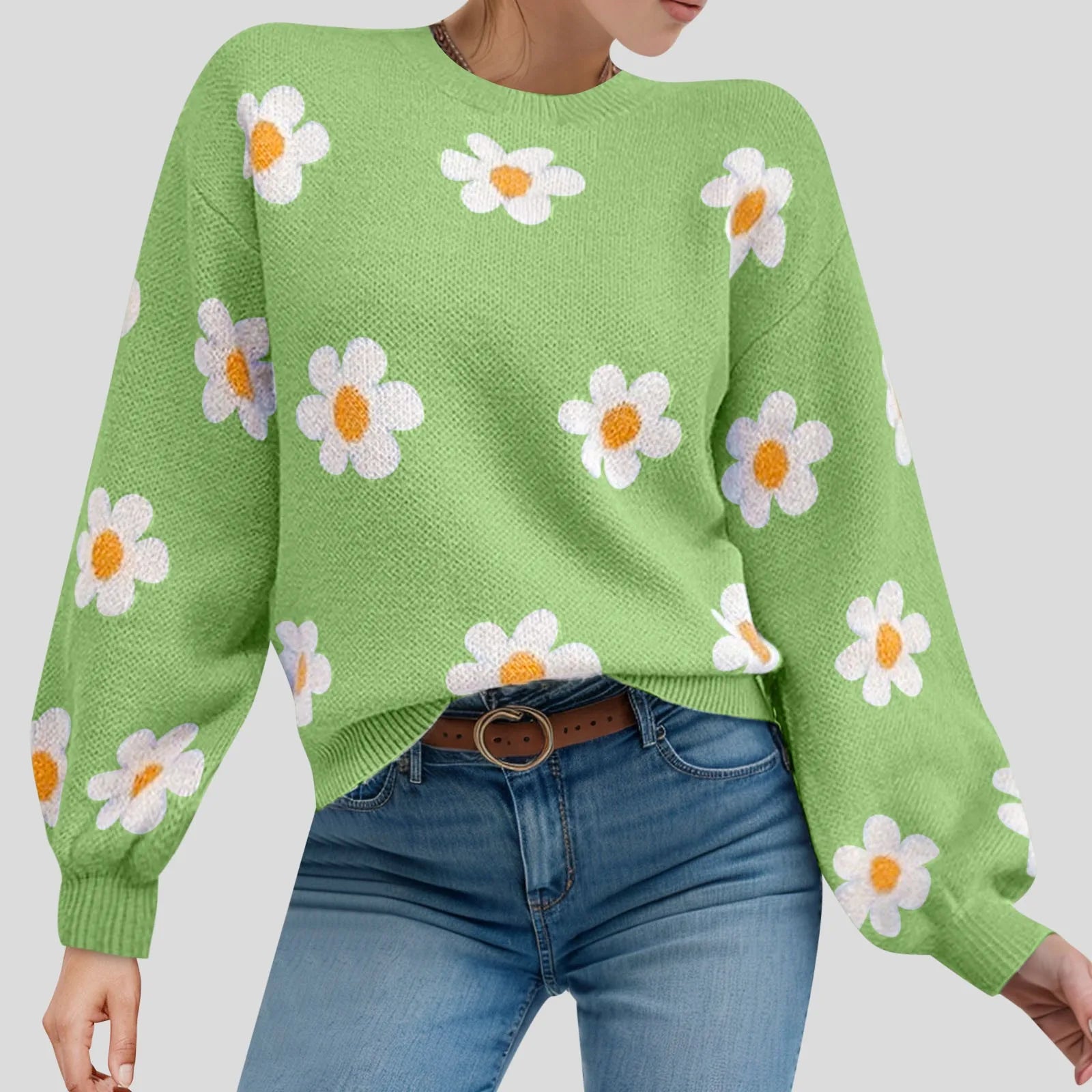 Floral Pattern Knit Pullover Sweater with Ribbed Trim and Relaxed Fit