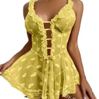 Sheer Lavender Mesh Babydoll Dress with Ruffled Straps and Lace-Up Front