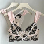 Rich Burgundy Floral Embroidery Push-Up Set with Contrast Strapping