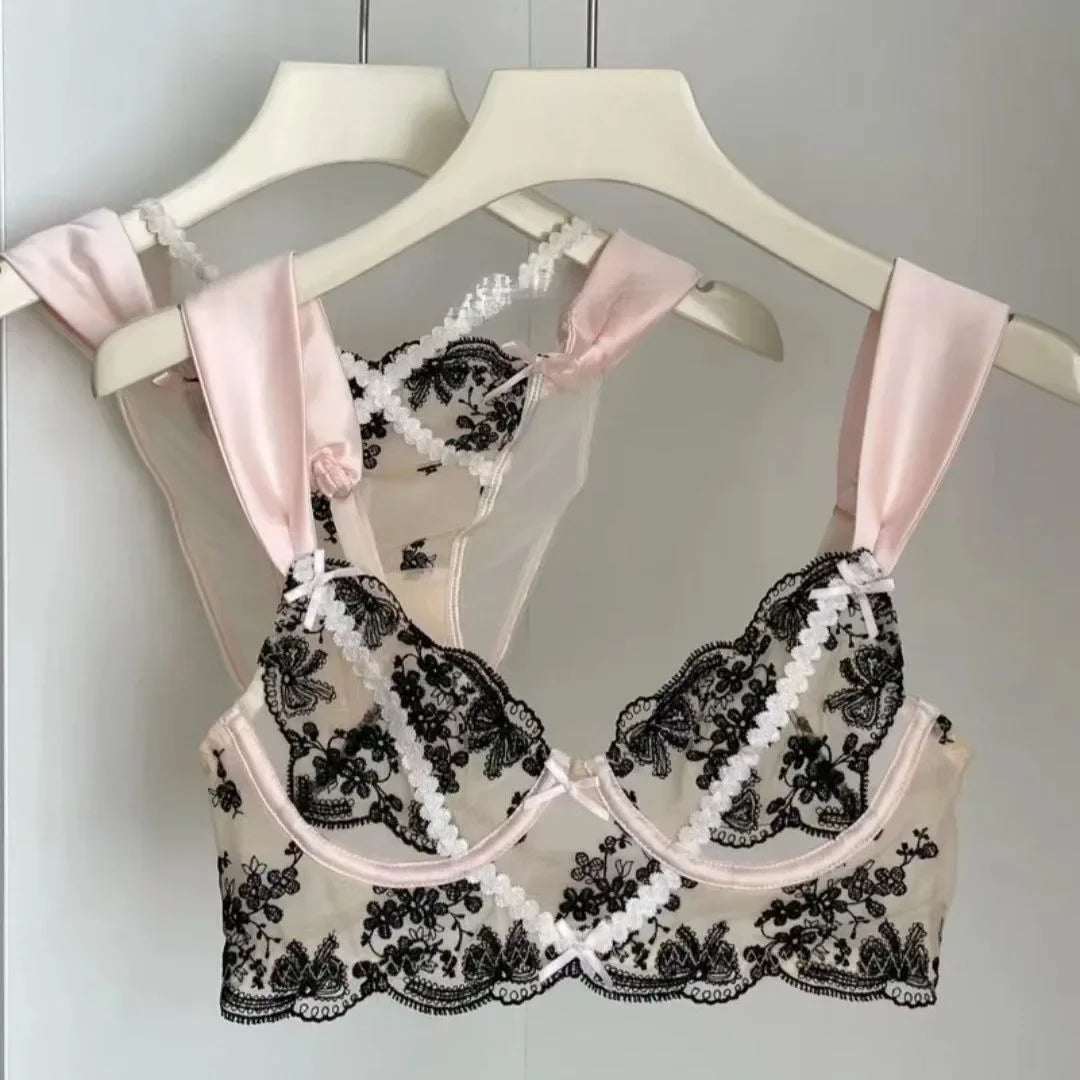 Rich Burgundy Floral Embroidery Push-Up Set with Contrast Strapping