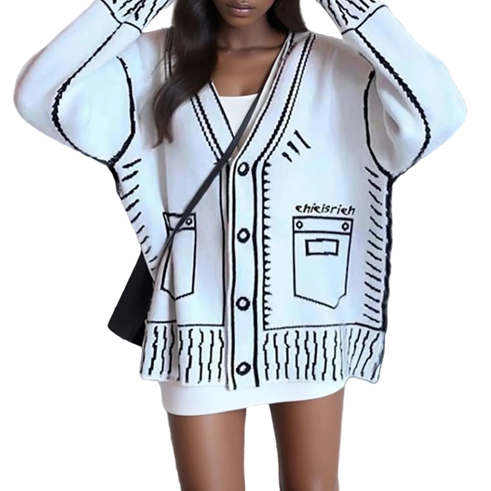 Women's Graphic Trim Knit Cardigan with Oversized Dropped Shoulder Silhouette