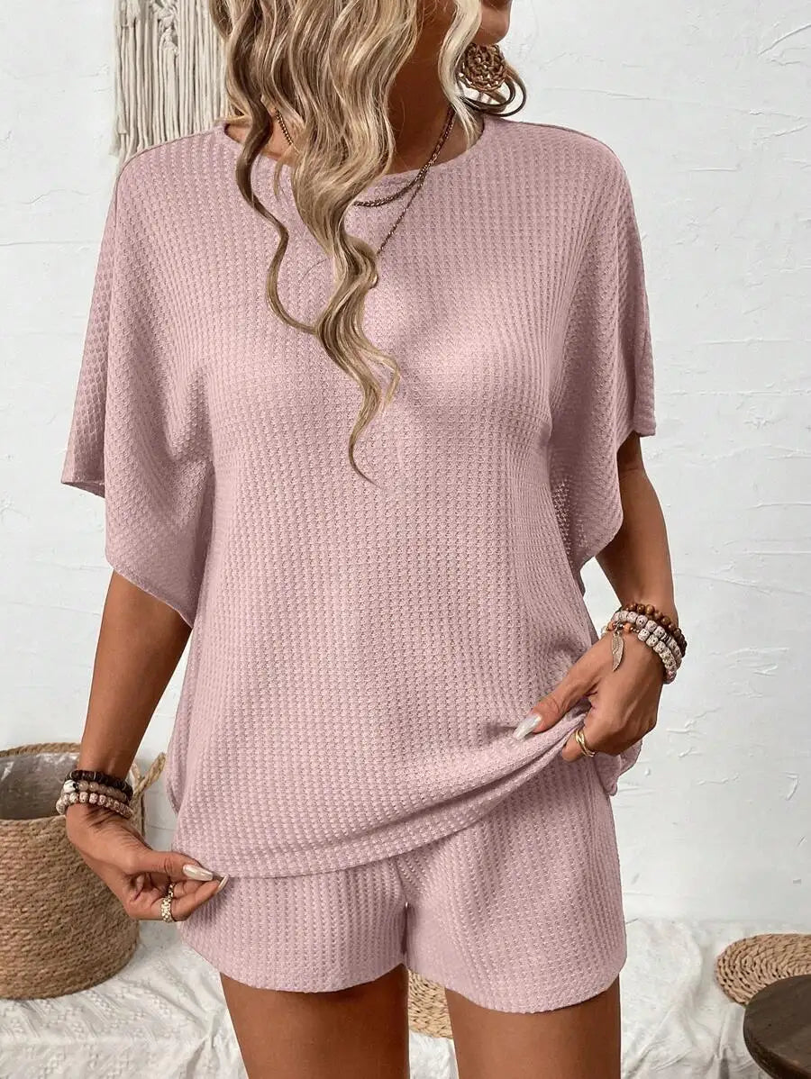 Women's Batwing Sleeve Top and Drawstring Shorts Co-Ord Set Relaxed Casual Outfit