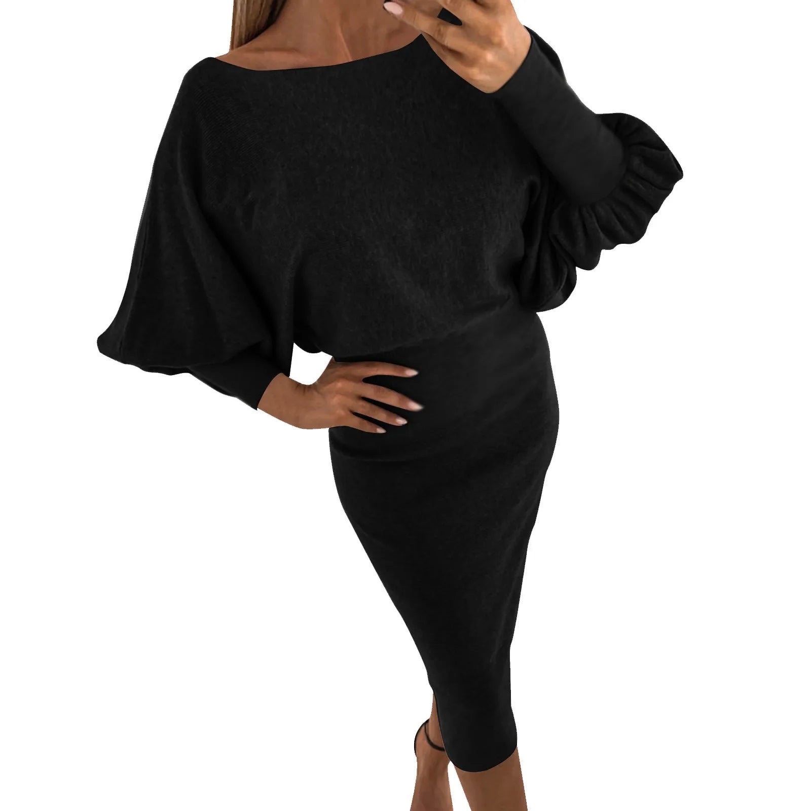 Minimalist Knit Midi Sweater Dress With Statement Bell Sleeves