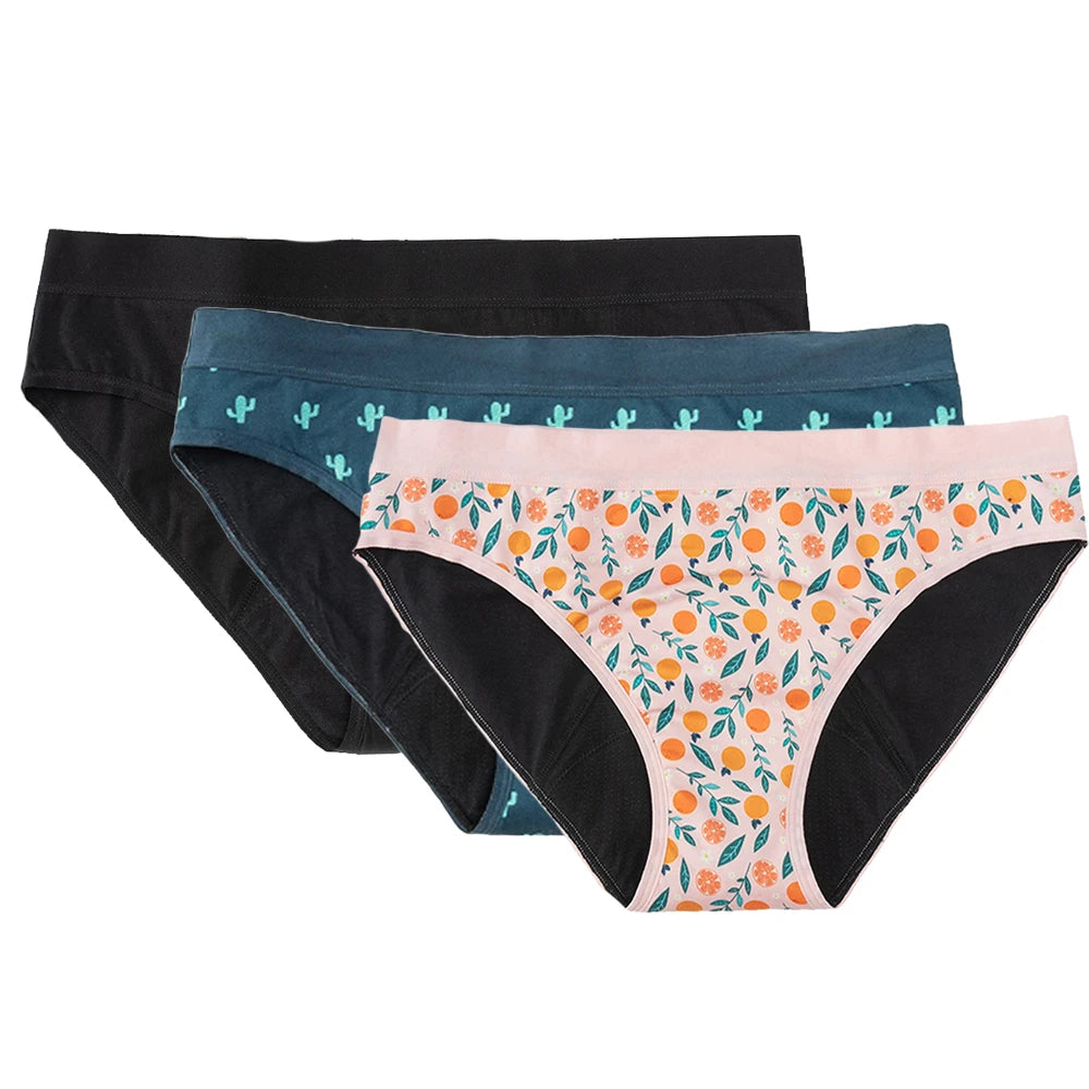 Three-Piece Floral Print Menstrual Brief Set with Contrast Waistbands