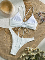 Textured Crisp White V-Neck Bikini Set with Criss-Cross Back Detailing