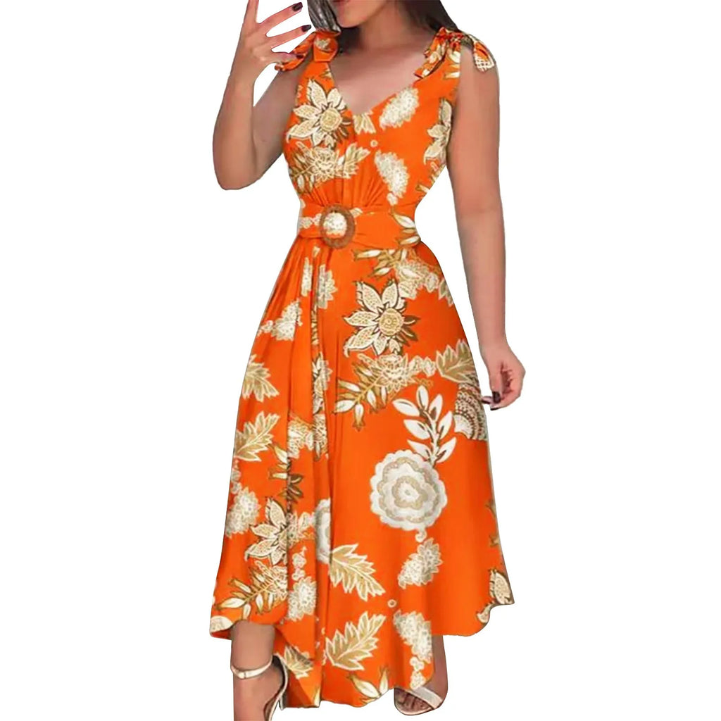 Floral Print Maxi Dress with Belt and Ruffled Swing Silhouette