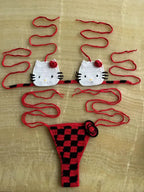 Hand-Crafted Crochet Halter Bikini Set with Whimsical Feline and Checkerboard Details