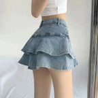 Layered Ruffle Denim Look Mini Skirt with Tiered Streetwear Silhouette