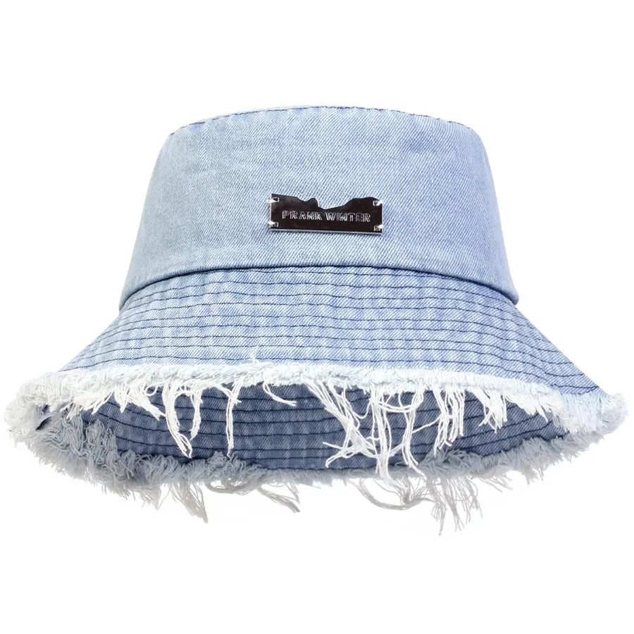 Distressed Denim Bucket Hat Frayed Brim Casual Streetwear Fisherman Outdoor Cap