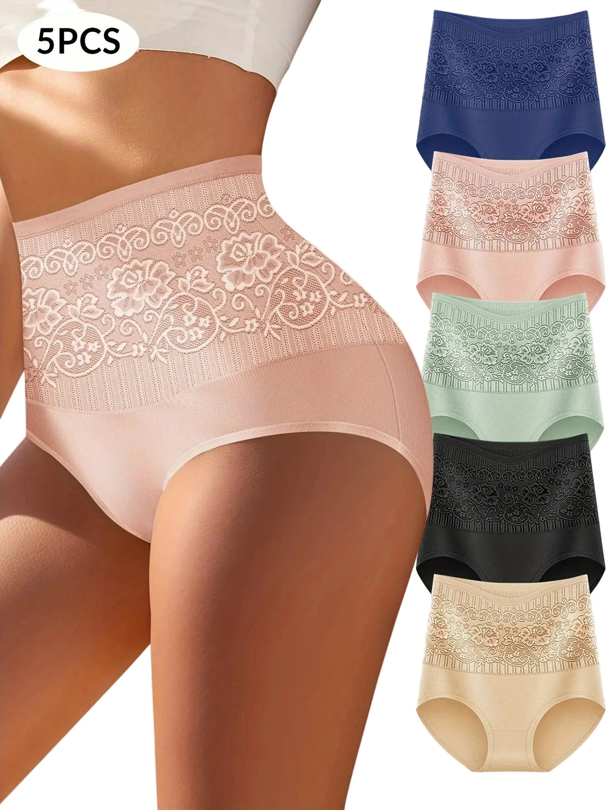 Five-Piece High-Waisted Brief Set with Wide Jacquard Floral Waistbands