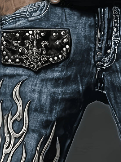 Men's Vintage Wash Loose Denim Jeans with Studded Graphic Detail High Street Fashion Style