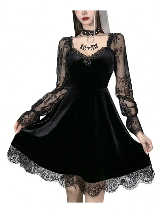 Gothic Lace Sleeve Velvet Mini Dress with Dark Elegant Aesthetic