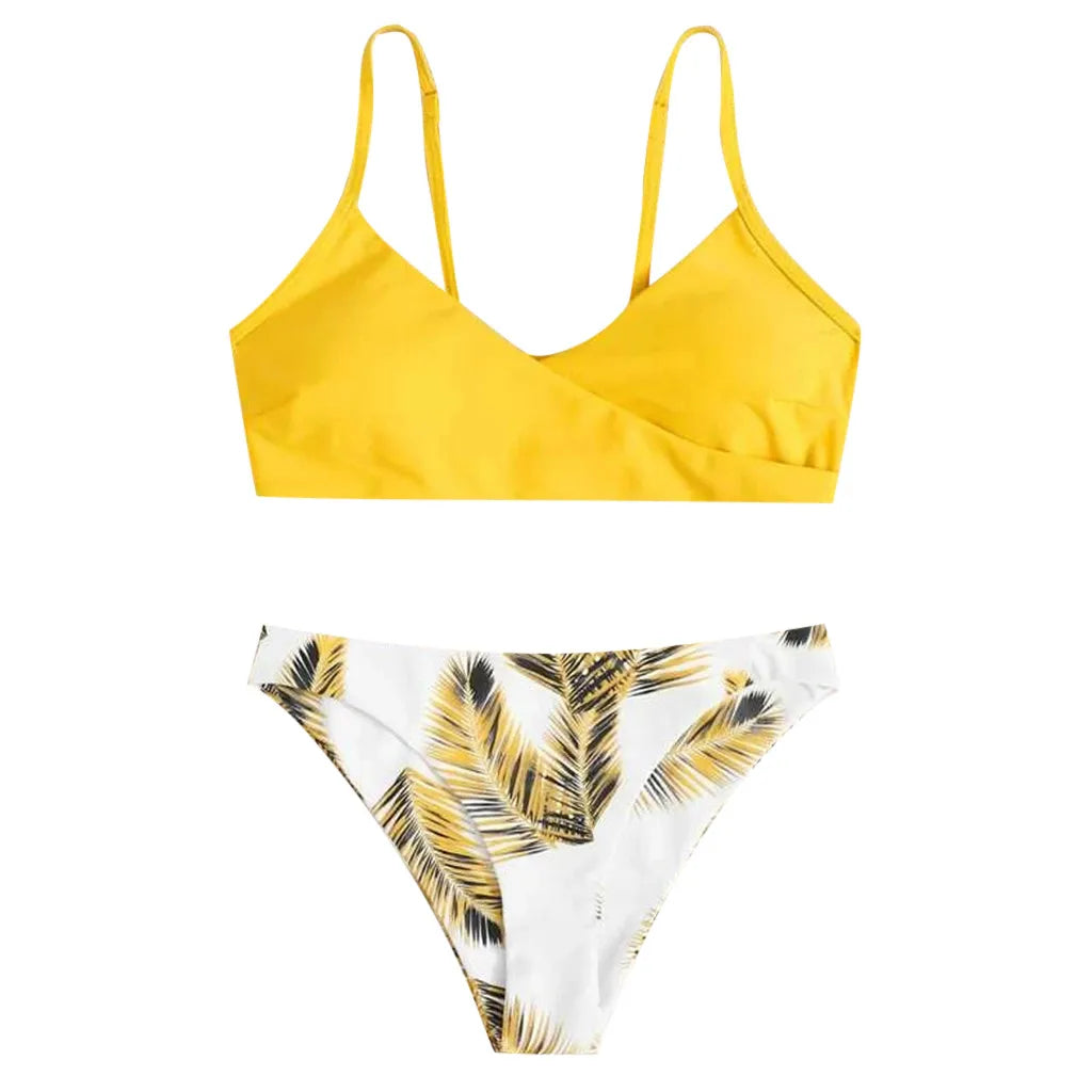 Two-Piece Swimsuit Set with Navy V-Neck Bralette and Botanical Print Bottoms