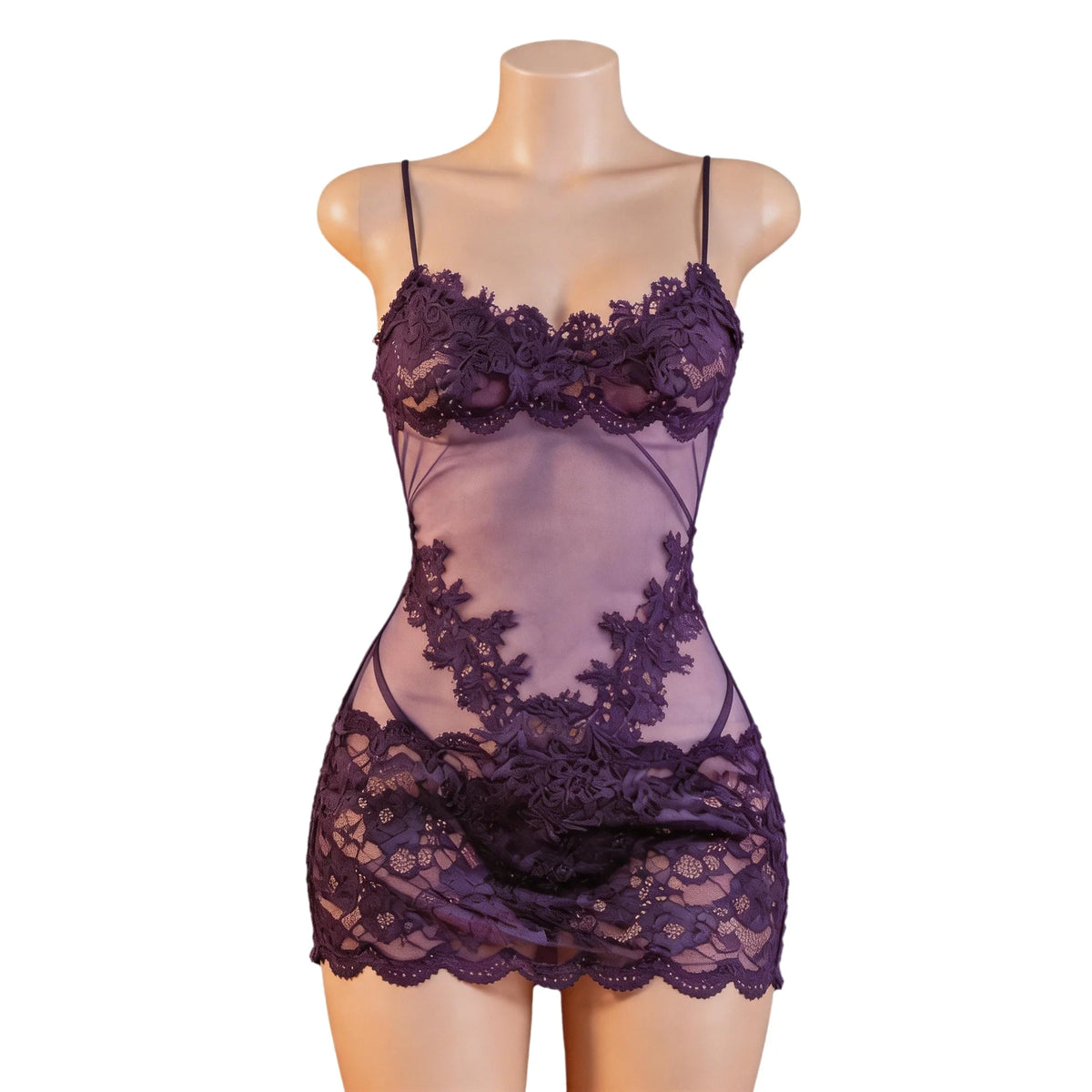 Deep Plum Sheer Mesh Chemise with Intricate Floral Lace Appliqué