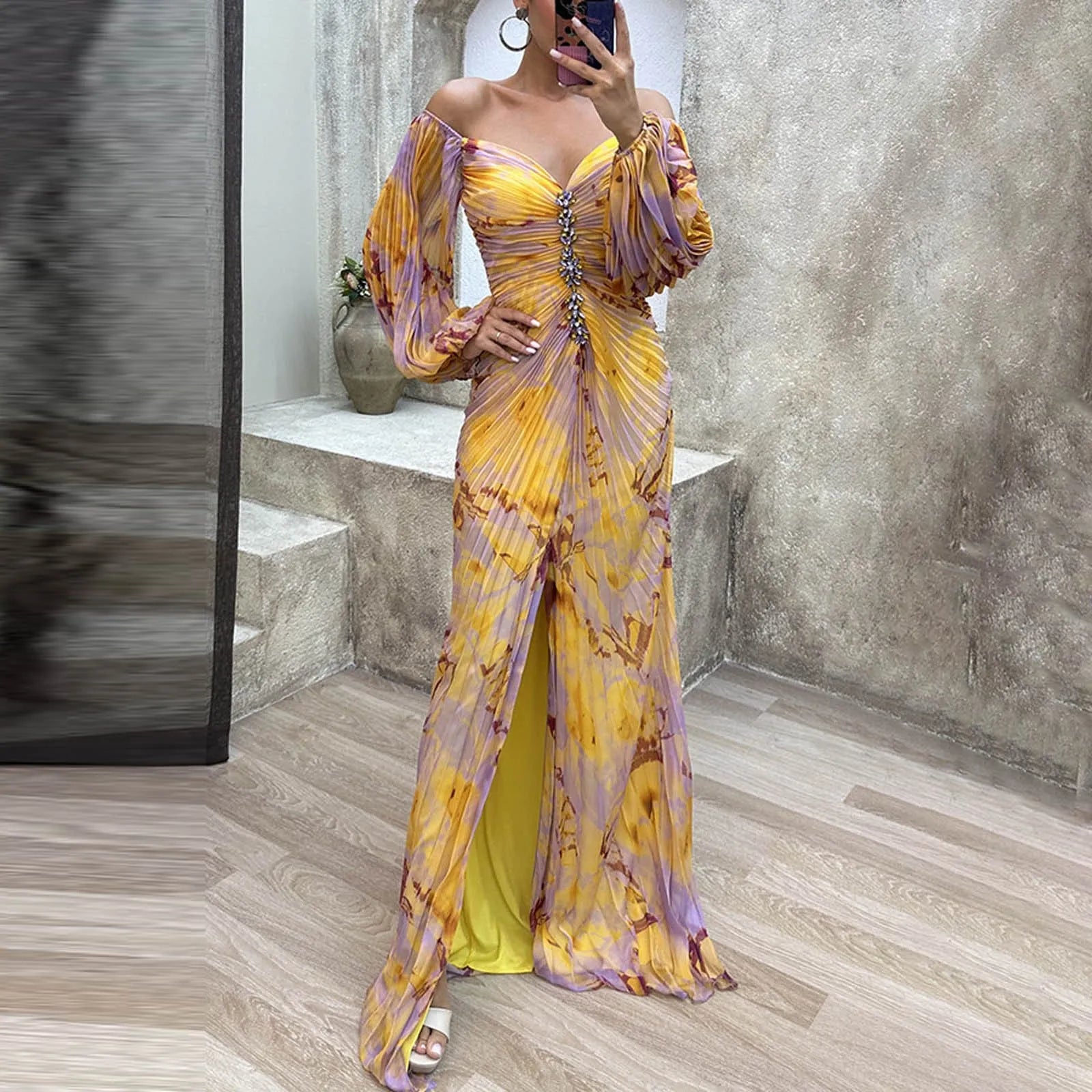 Printed Maxi Dress With Draped Sleeves And Side Slit Detail
