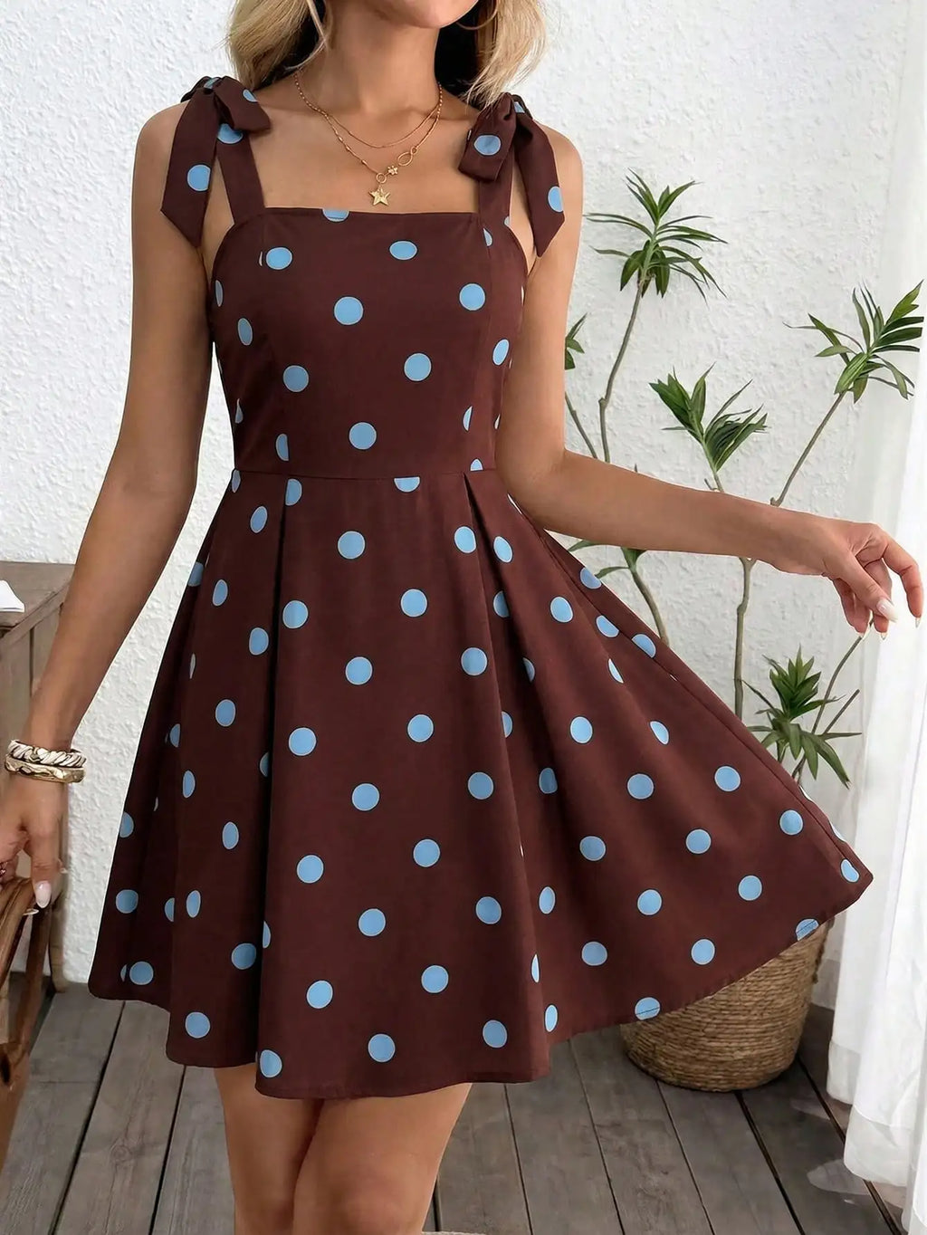 Tie Shoulder Striped A-Line Mini Dress with Square Neck Design