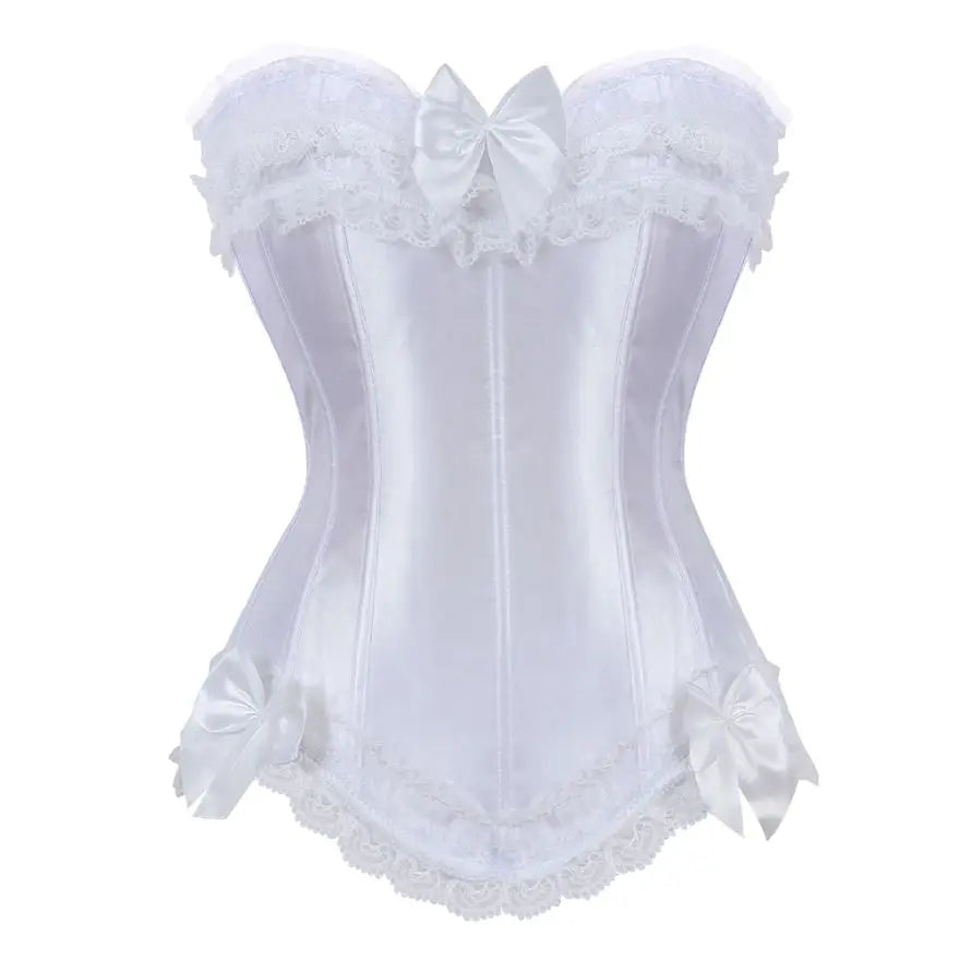 Playful Pink Satin Overbust Corset with Lace Trim and Delicate Bow Accents