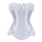 Playful Pink Satin Overbust Corset with Lace Trim and Delicate Bow Accents