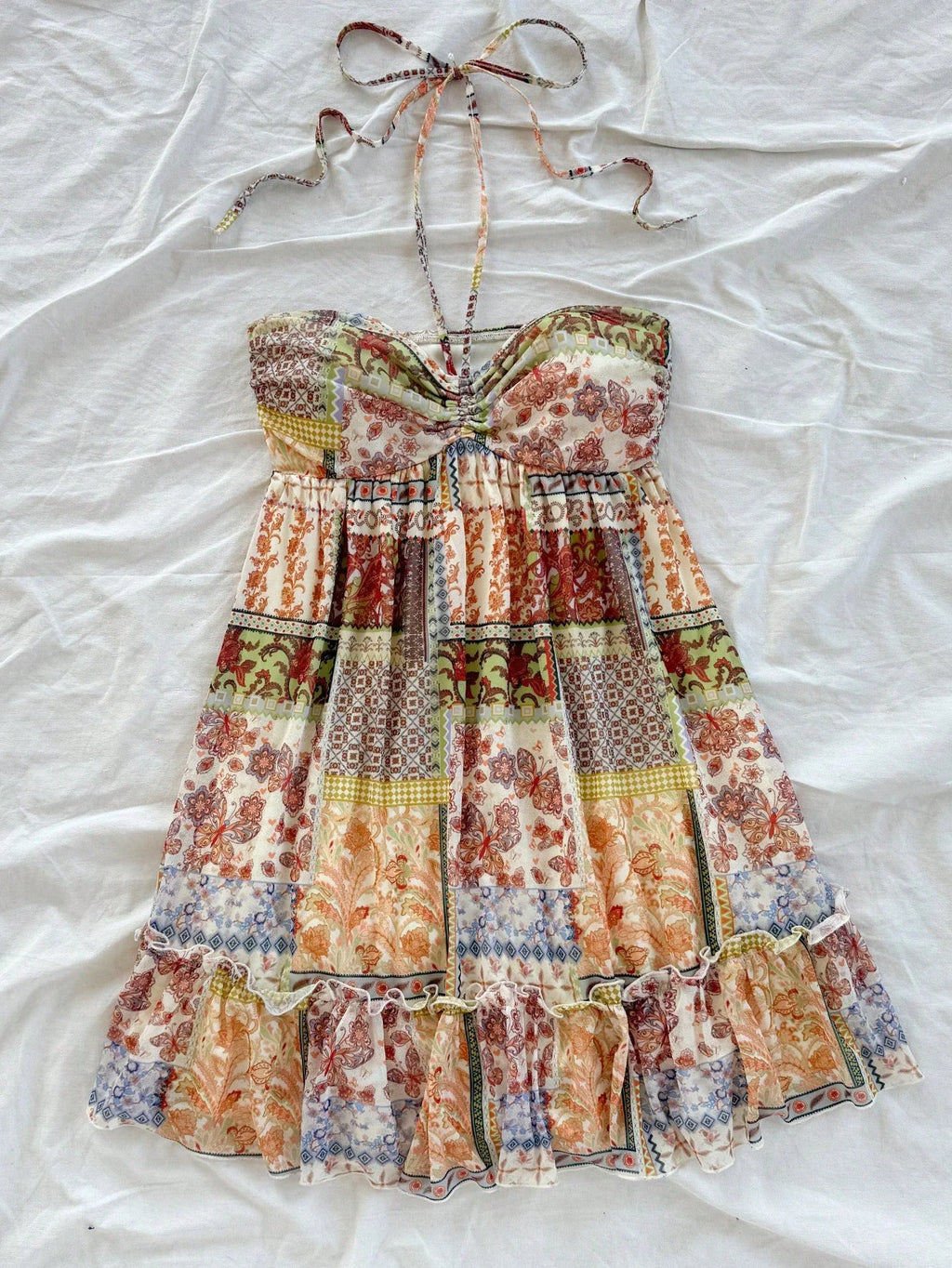 Patchwork Print Halter Mini Dress with Ruffle Trim Bohemian Silhouette