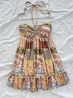 Patchwork Print Halter Mini Dress with Ruffle Trim Bohemian Silhouette