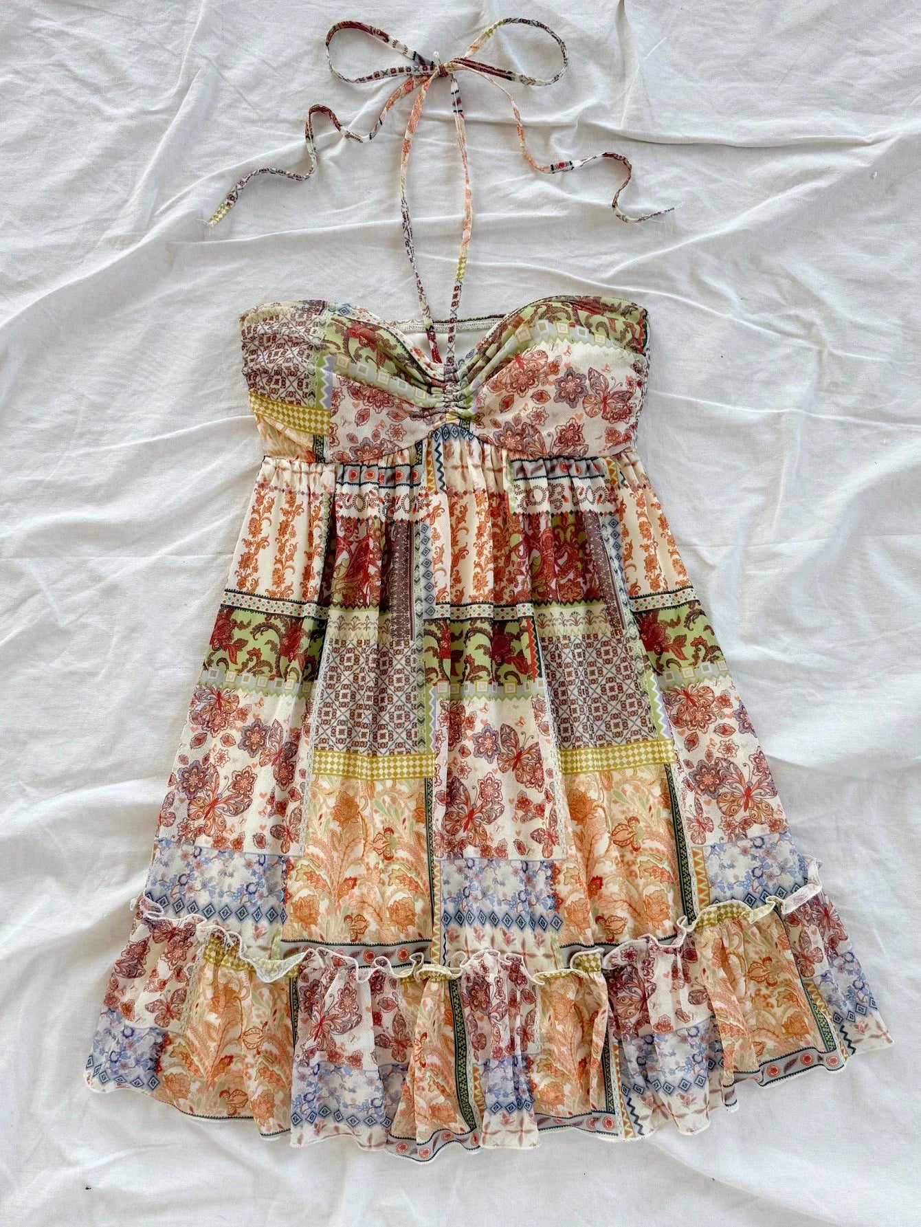 Patchwork Print Halter Mini Dress with Ruffle Trim Bohemian Silhouette
