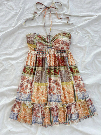 Patchwork Print Halter Mini Dress with Ruffle Trim Bohemian Silhouette