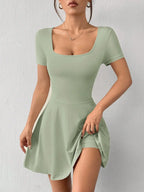 Square Neck Short Sleeve A-Line Mini Dress with Flared Skater Silhouette