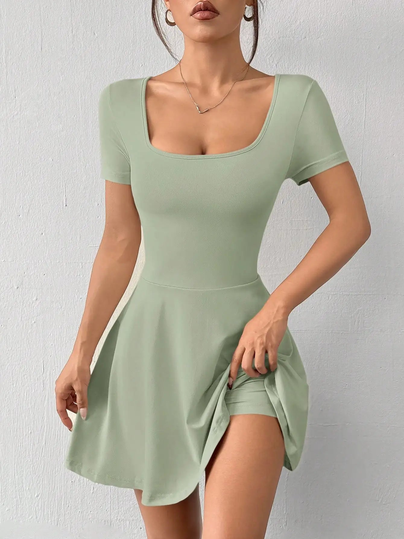 Square Neck Short Sleeve A-Line Mini Dress with Flared Skater Silhouette
