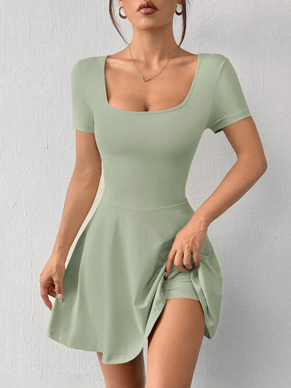 Square Neck Short Sleeve A-Line Mini Dress with Flared Skater Silhouette